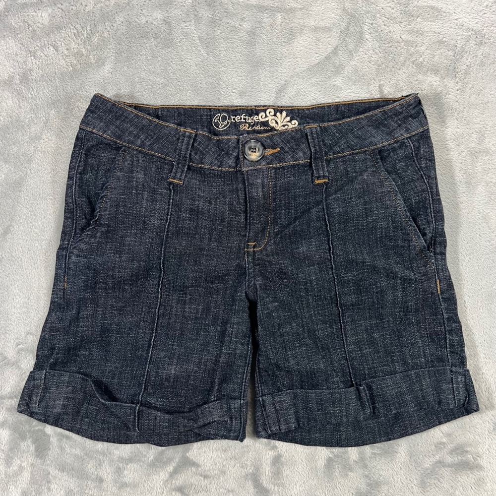 REFUGE PREMIUM Denim Shorts Womens Size 5 Dark Blue Low Rise Cuffed P861